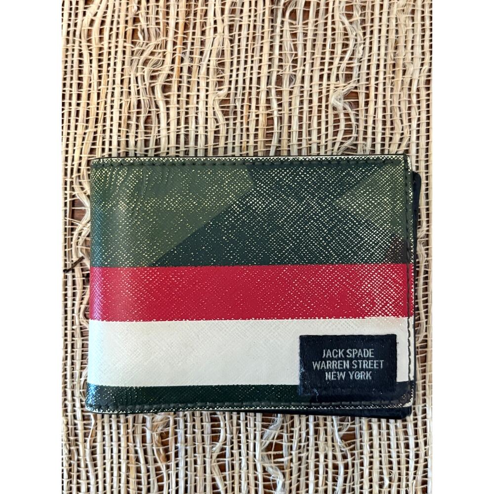 Jack Spade Warren Street Tricolor Striped Green Red White Bifold Leather Wallet
